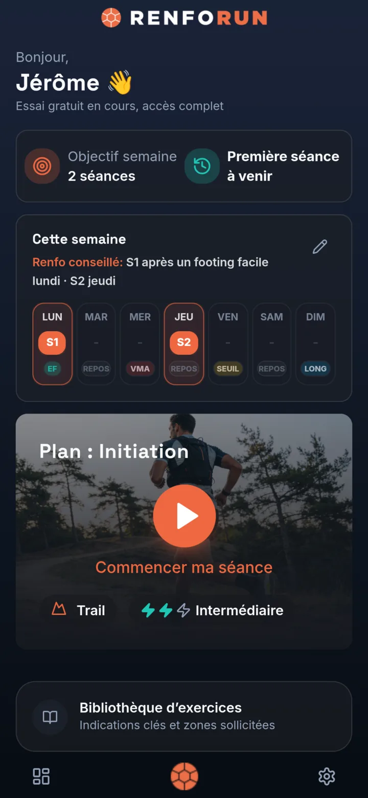 RenfoRun affiche le renfo conseillé dans ta semaine de course